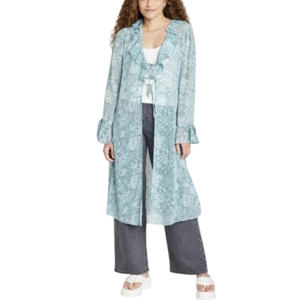 Wild Fable Women's XXL Sheer Aqua Green Ruffle Duster Kimono long teal fairy
